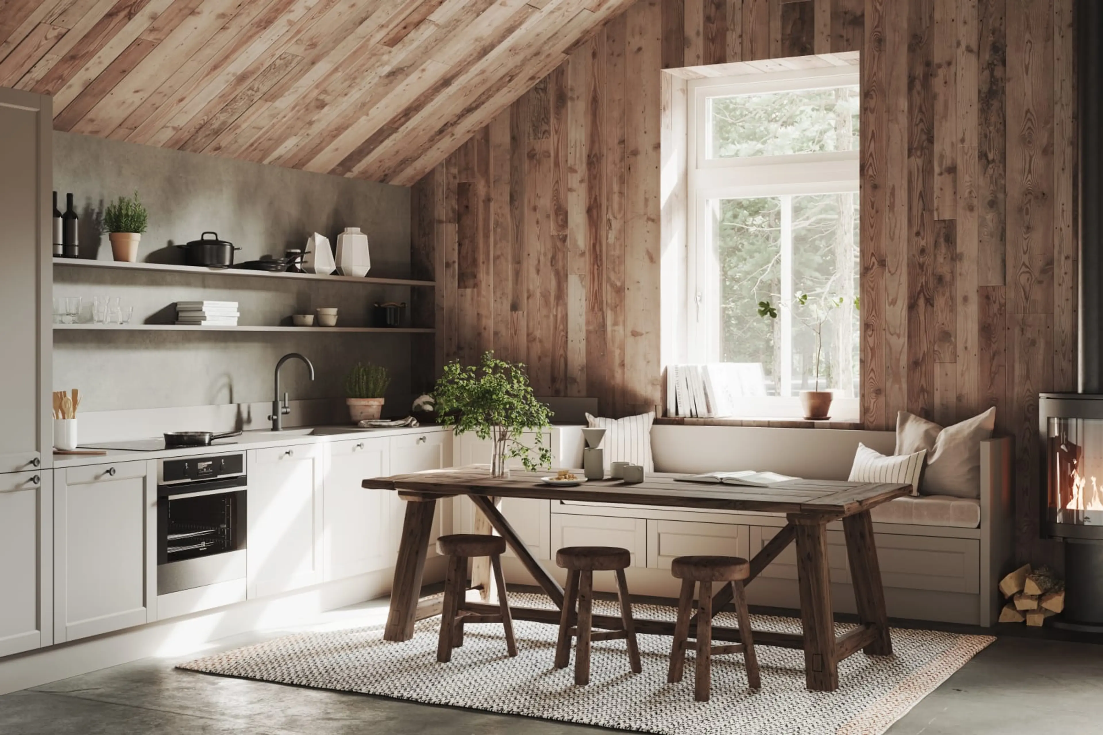 Landlig kjøkken med profilerte skapdører og integrerte hvitevarer.