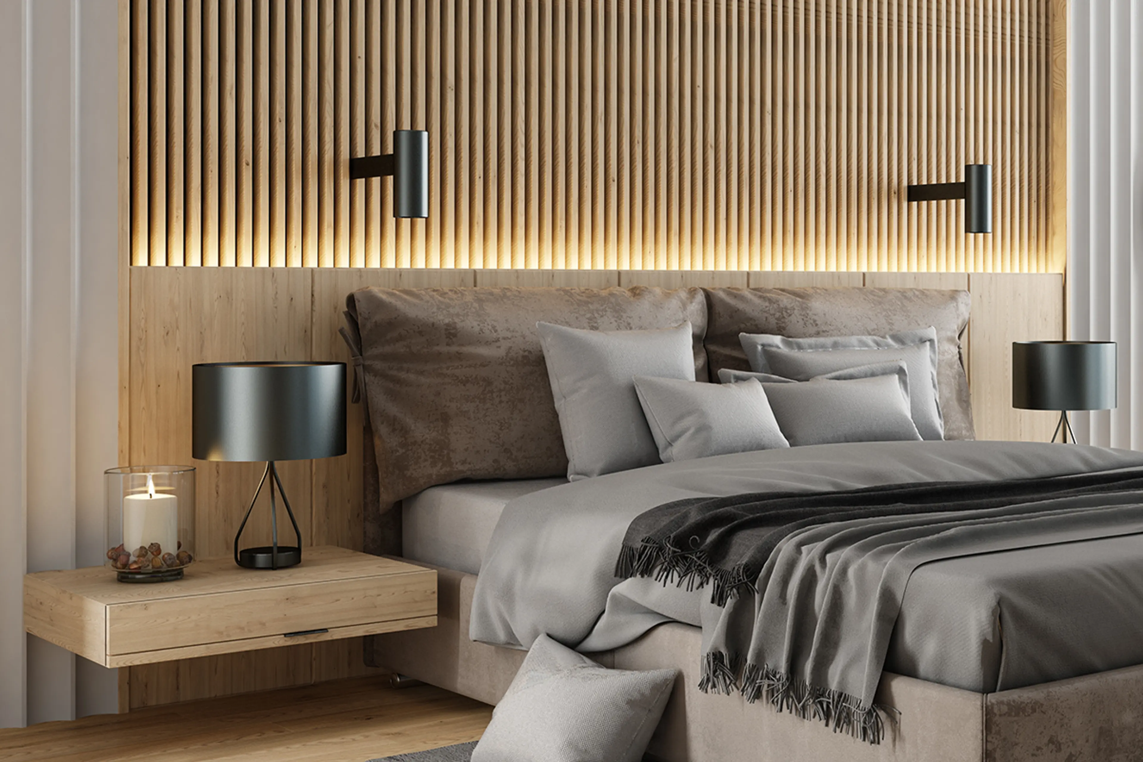 soverom i japandi-stil med spilevegg bak sengen