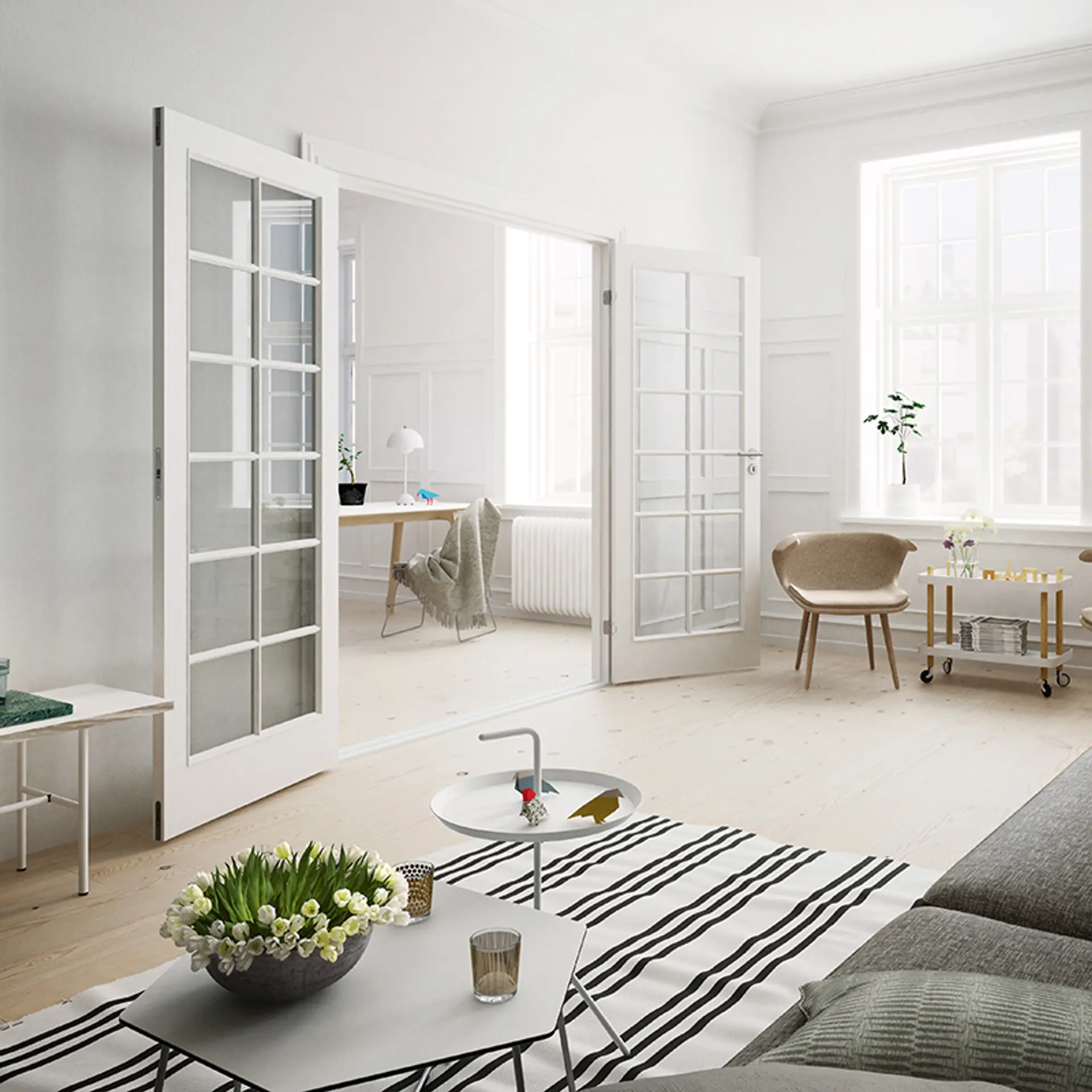 Hvite dobbeldører i glass fra Swedoor