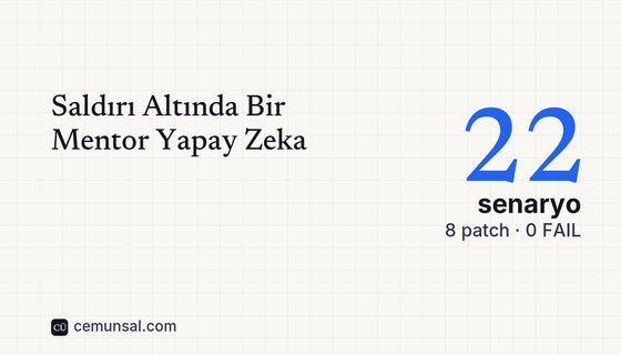 Saldırı altında bir mentor yapay zekanın savunması: 22 senaryo, 8 patch, 0 FAIL. Muhafız Mentor serisi 4. yazı kapağı.