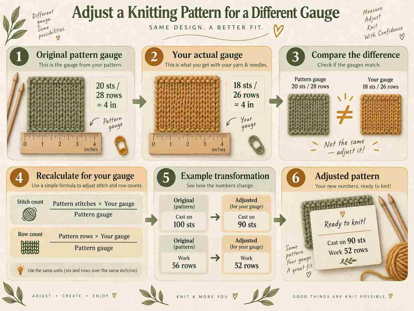 Step-by-step infographic comparing original and actual knitting gauge, then showing how stitch and row counts are adjusted for the new gauge.