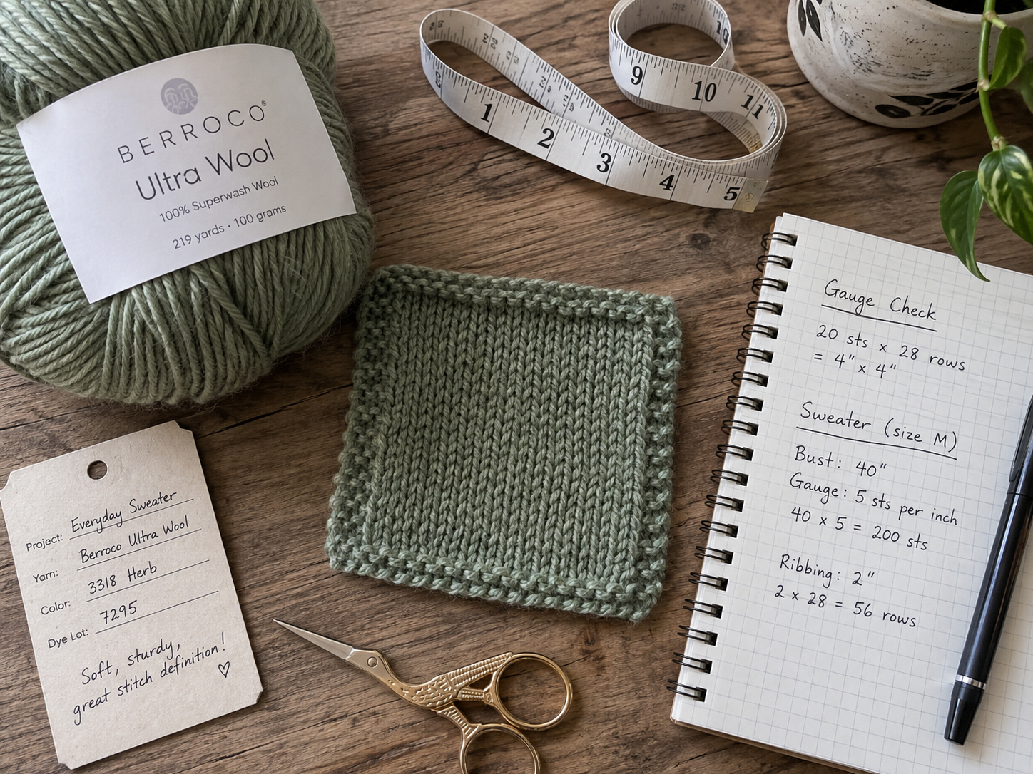 Yarn label, measuring tape, gauge swatch, and handwritten knitting calculations arranged on a wooden surface.