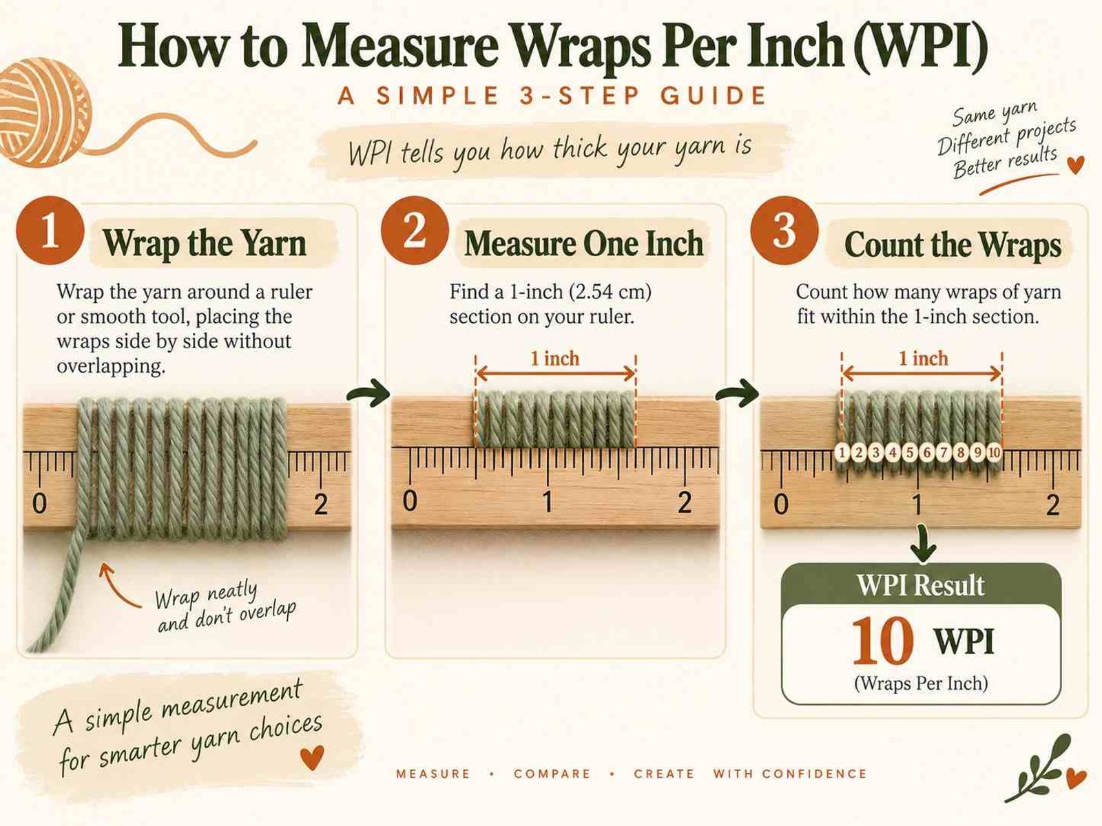 Simple step-by-step infographic showing yarn wrapped around a ruler, a one-inch section marked, and the wraps counted to measure WPI.