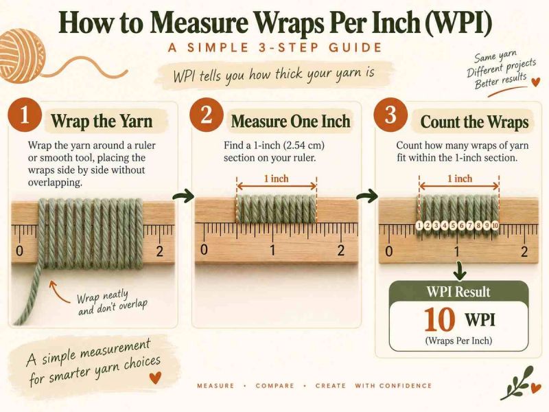 Simple step-by-step infographic showing yarn wrapped around a ruler, a one-inch section marked, and the wraps counted to measure WPI.