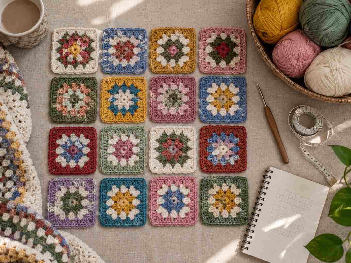 Colorful crochet granny squares arranged in a grid with yarn, a crochet hook, measuring tape, and blanket planning notes.