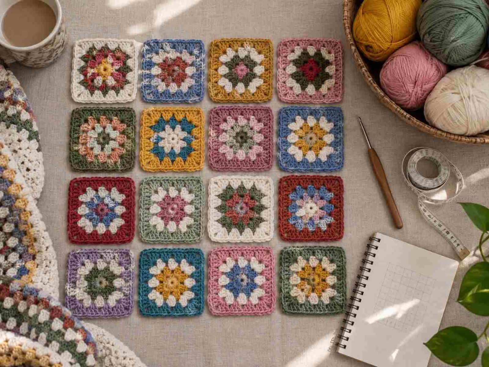 Colorful crochet granny squares arranged in a grid with yarn, a crochet hook, measuring tape, and blanket planning notes.