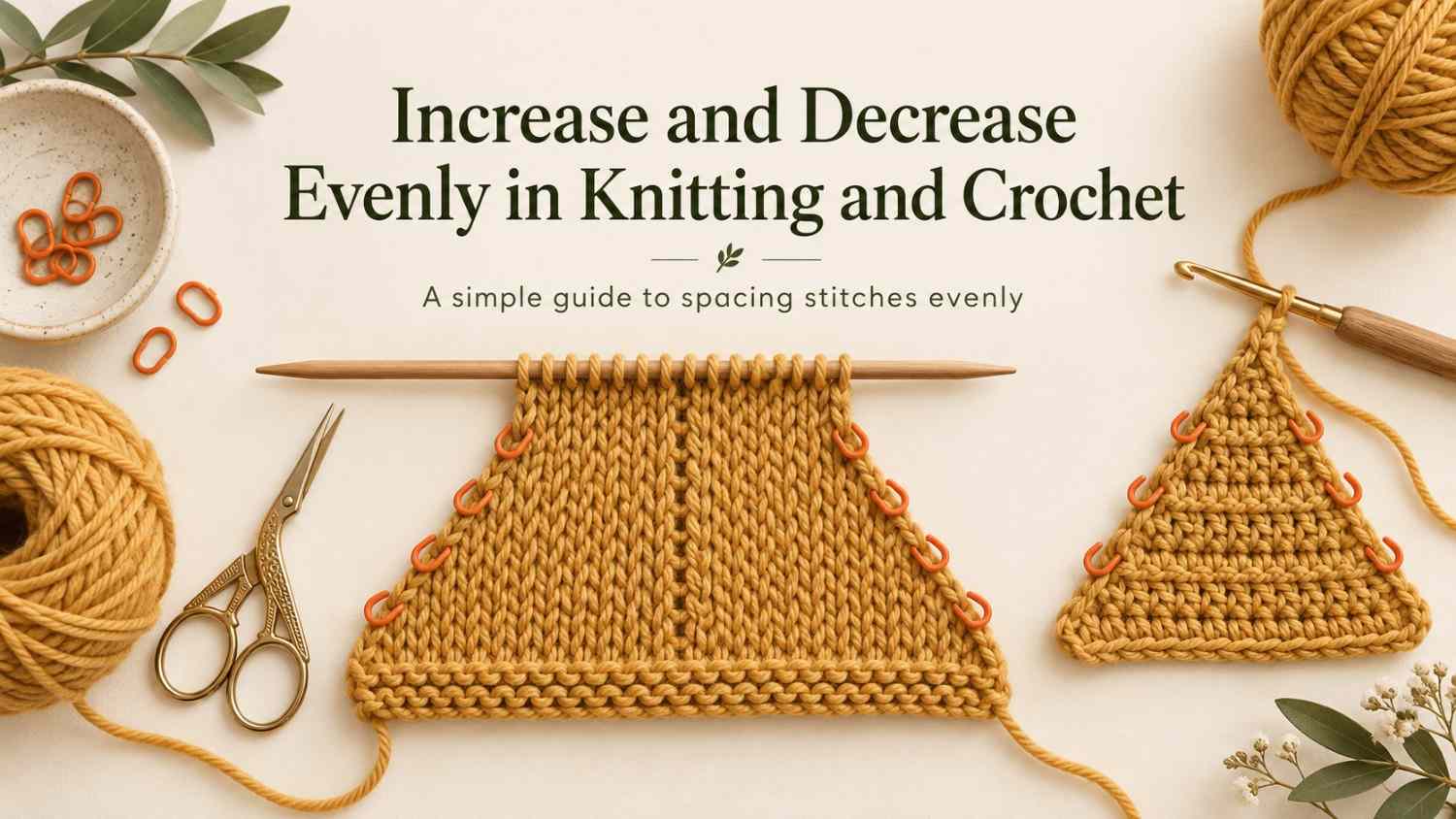 Knitting needles, crochet hook, yarn, and a stitched swatch with evenly spaced markers showing where stitches are increased or decreased.