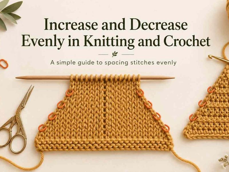 Knitting needles, crochet hook, yarn, and a stitched swatch with evenly spaced markers showing where stitches are increased or decreased.