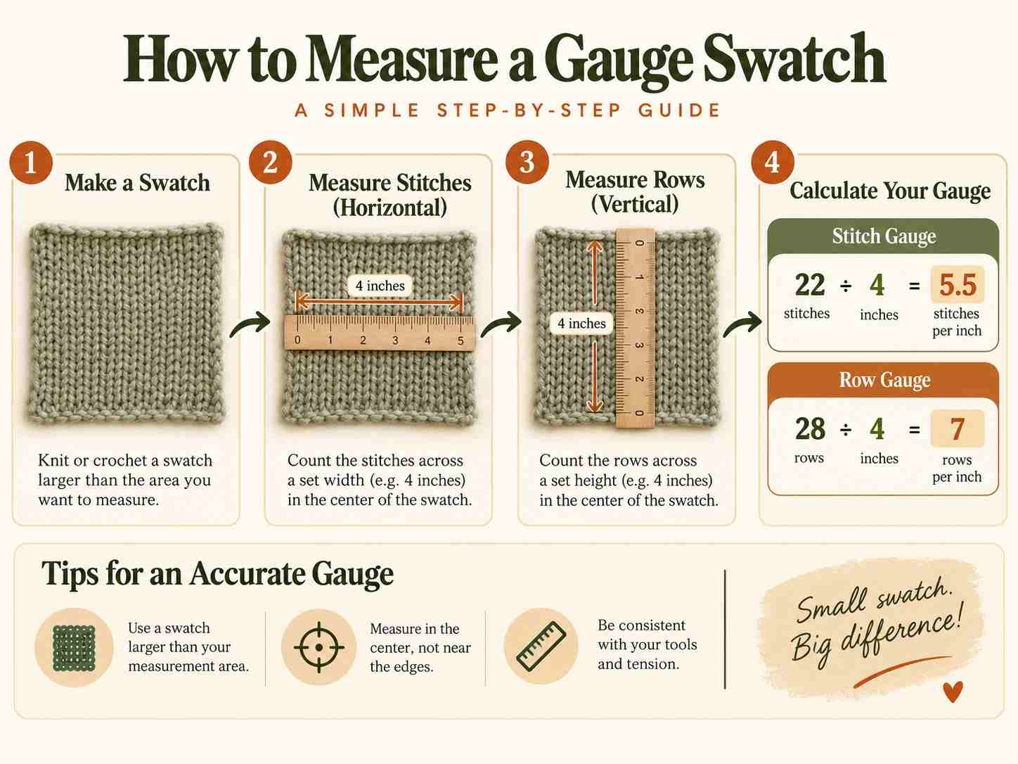Step-by-step infographic showing a gauge swatch measured horizontally and vertically with a ruler to calculate stitch and row gauge.