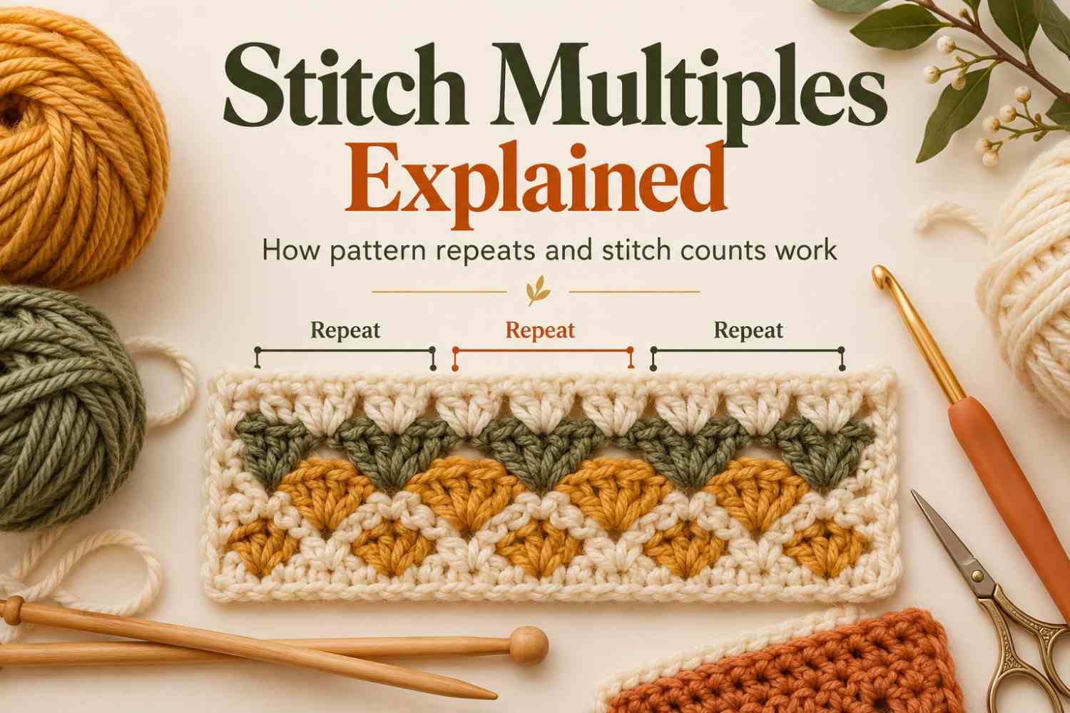 Knitted and crocheted swatches with grouped stitches and markers illustrating repeating stitch multiples and pattern repeats.