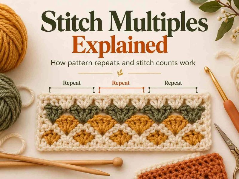Knitted and crocheted swatches with grouped stitches and markers illustrating repeating stitch multiples and pattern repeats.