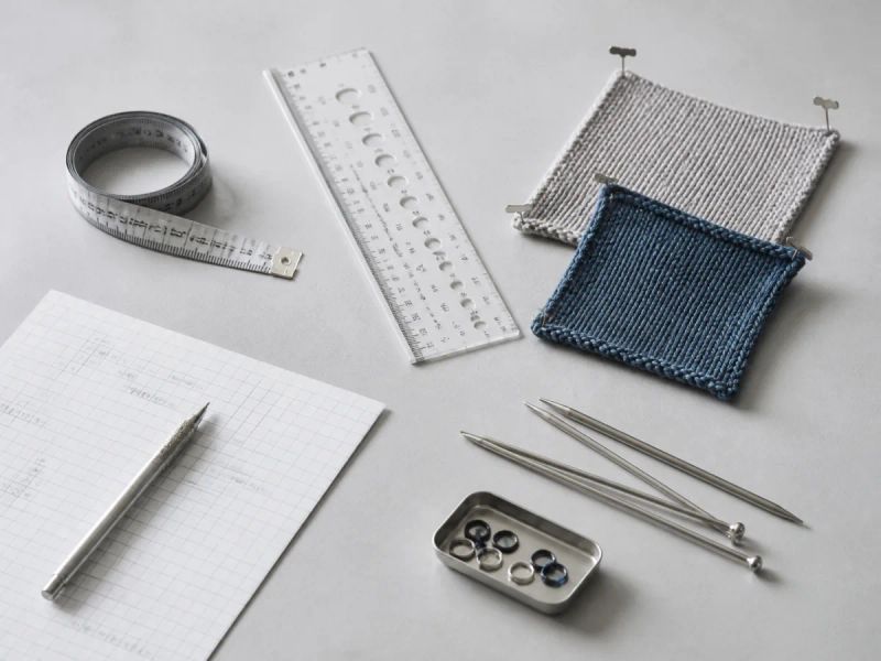 A ruler, tape measure, and knitted swatches used to check gauge.