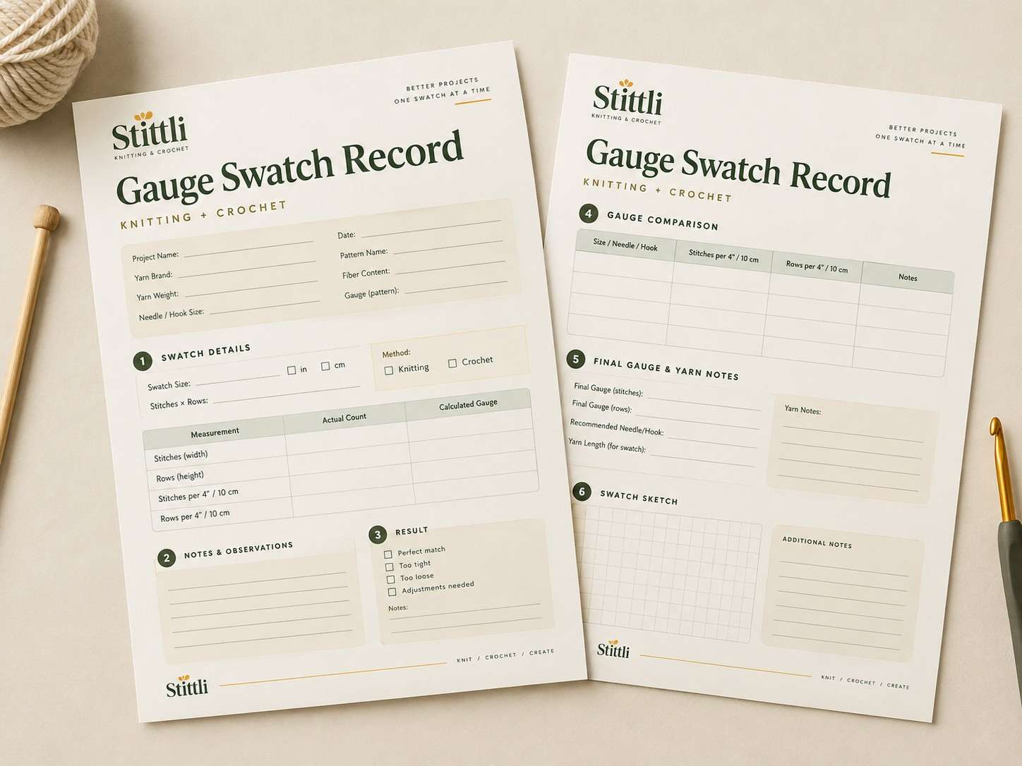 Two-page Stittli Gauge Swatch Record printable for knitting and crochet, shown with yarn, knitting needles, and a crochet hook.