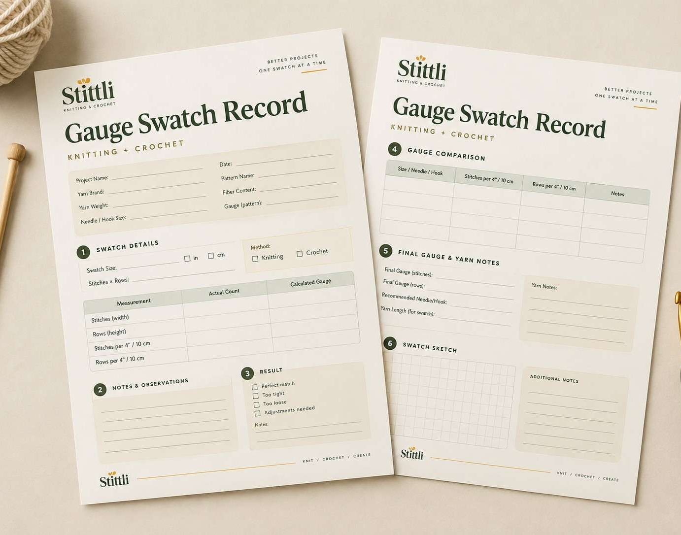 Two-page Stittli Gauge Swatch Record printable for knitting and crochet, shown with yarn, knitting needles, and a crochet hook.
