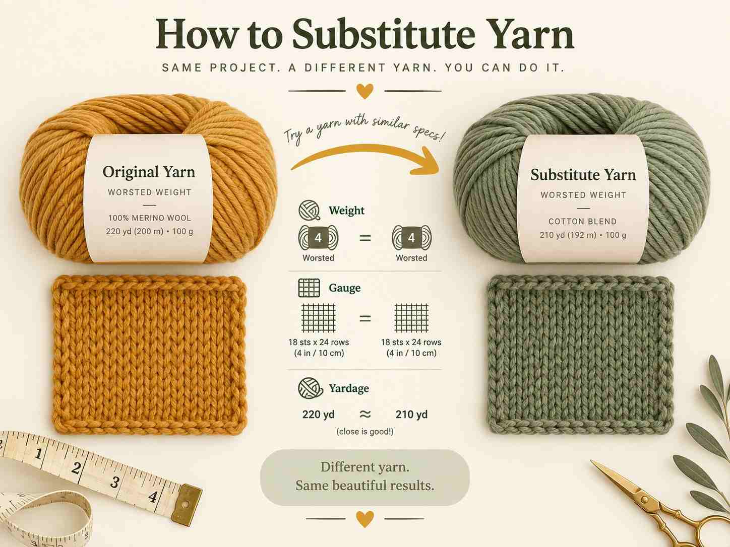 Side-by-side comparison of original and substitute yarn showing matching yarn weight, gauge swatches, and similar yardage for yarn substitution.