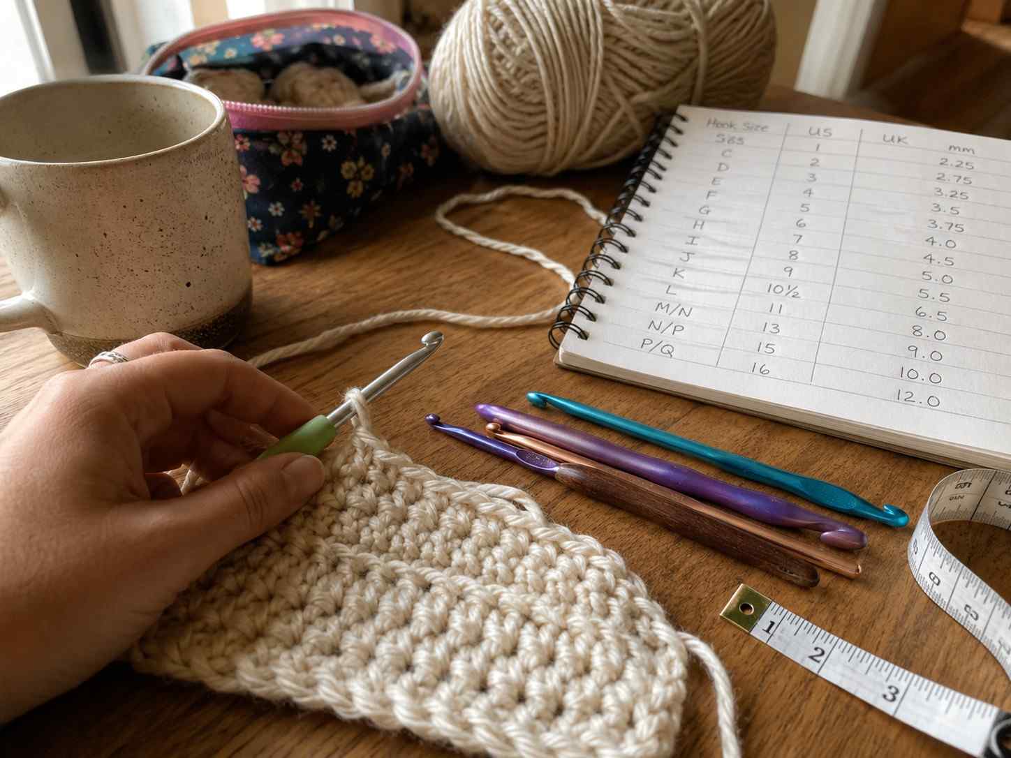 Hand crocheting a cream swatch beside crochet hooks in different sizes, yarn, measuring tape, and a handwritten hook size chart.
