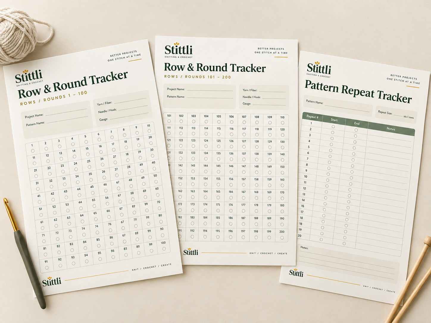 Three-page Stittli Row & Round Tracker printable for knitting and crochet, with numbered row grids and a pattern repeat tracker.