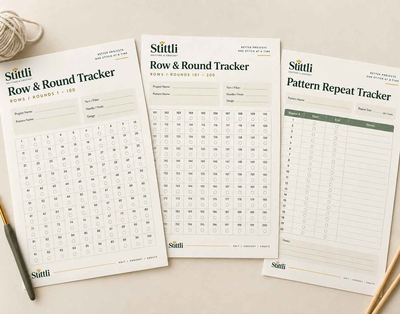 Three-page Stittli Row & Round Tracker printable for knitting and crochet, with numbered row grids and a pattern repeat tracker.