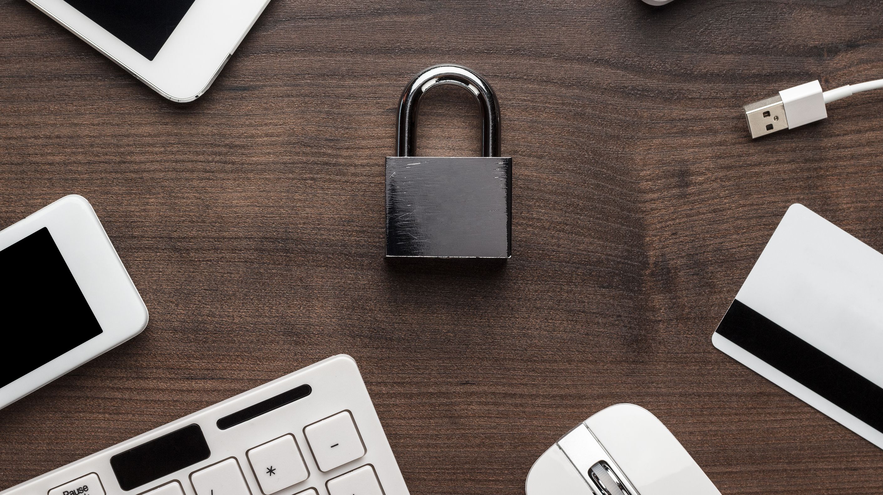 Padlock surrounded by a group of connected devices to simulate a private network