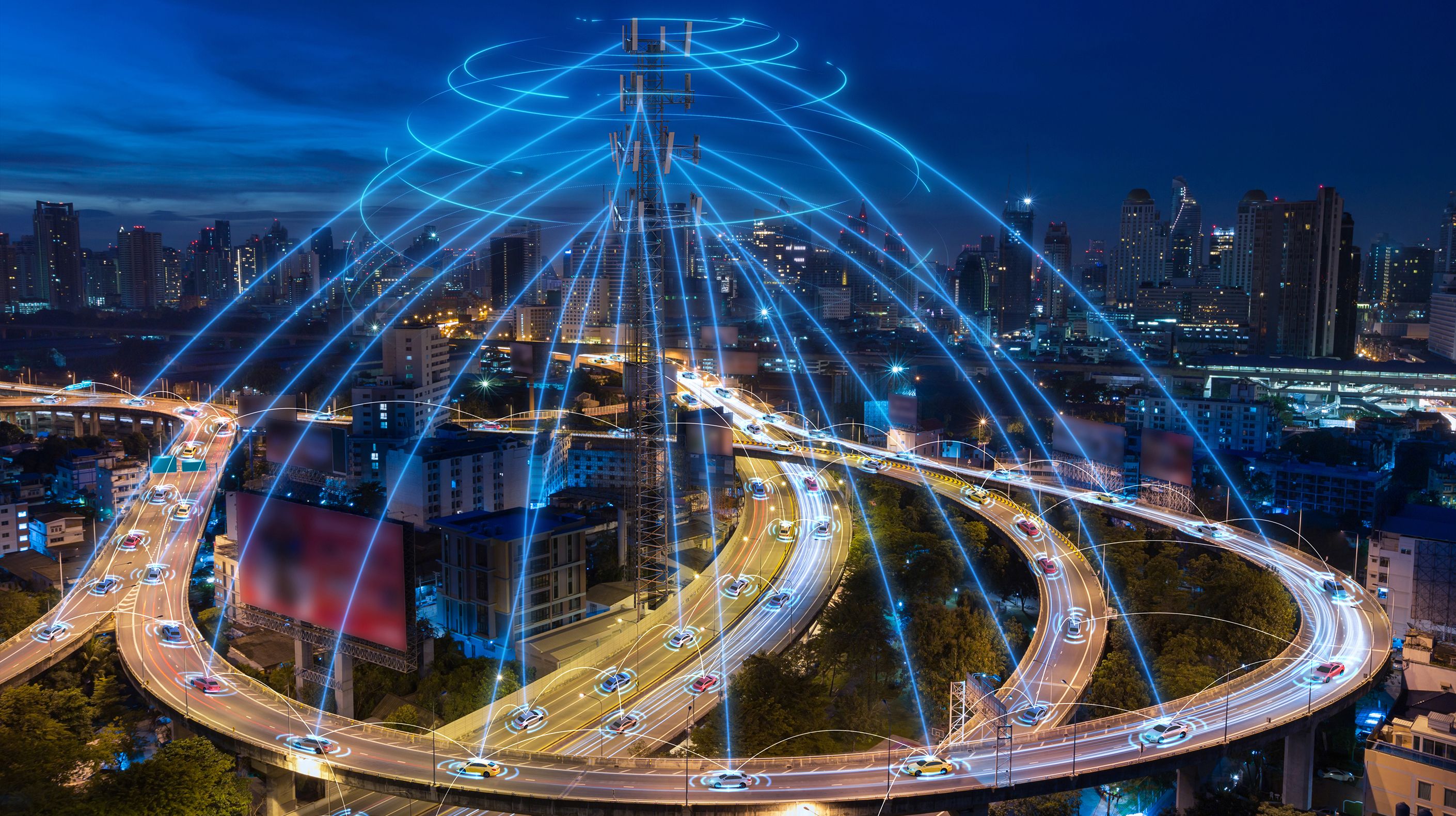 5G antenna connecting to smart ai vehicles in a smart city's highway.