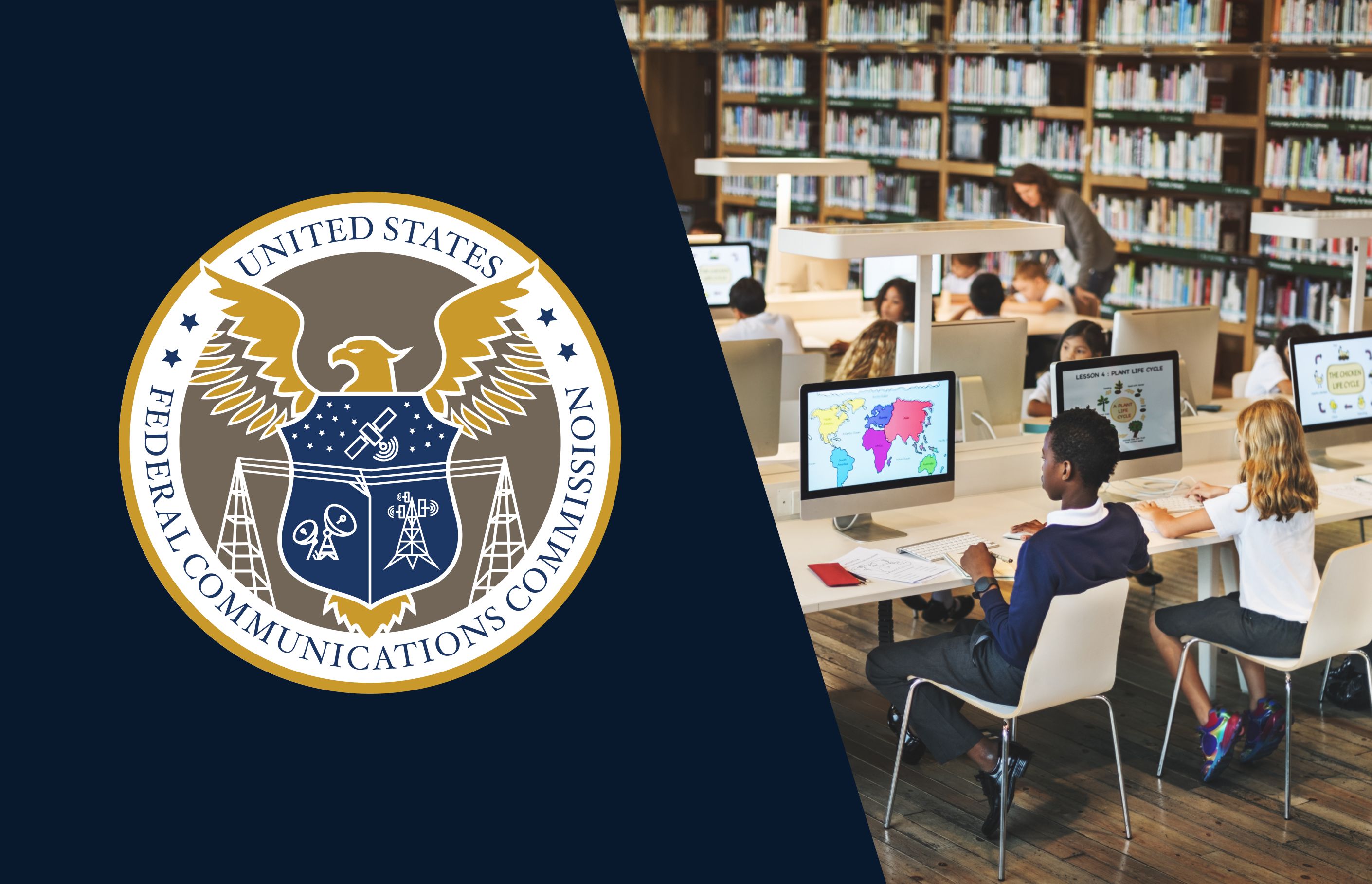 Federal Communications Commission (FCC) emblem displayed alongside children using Mac computers at a school library