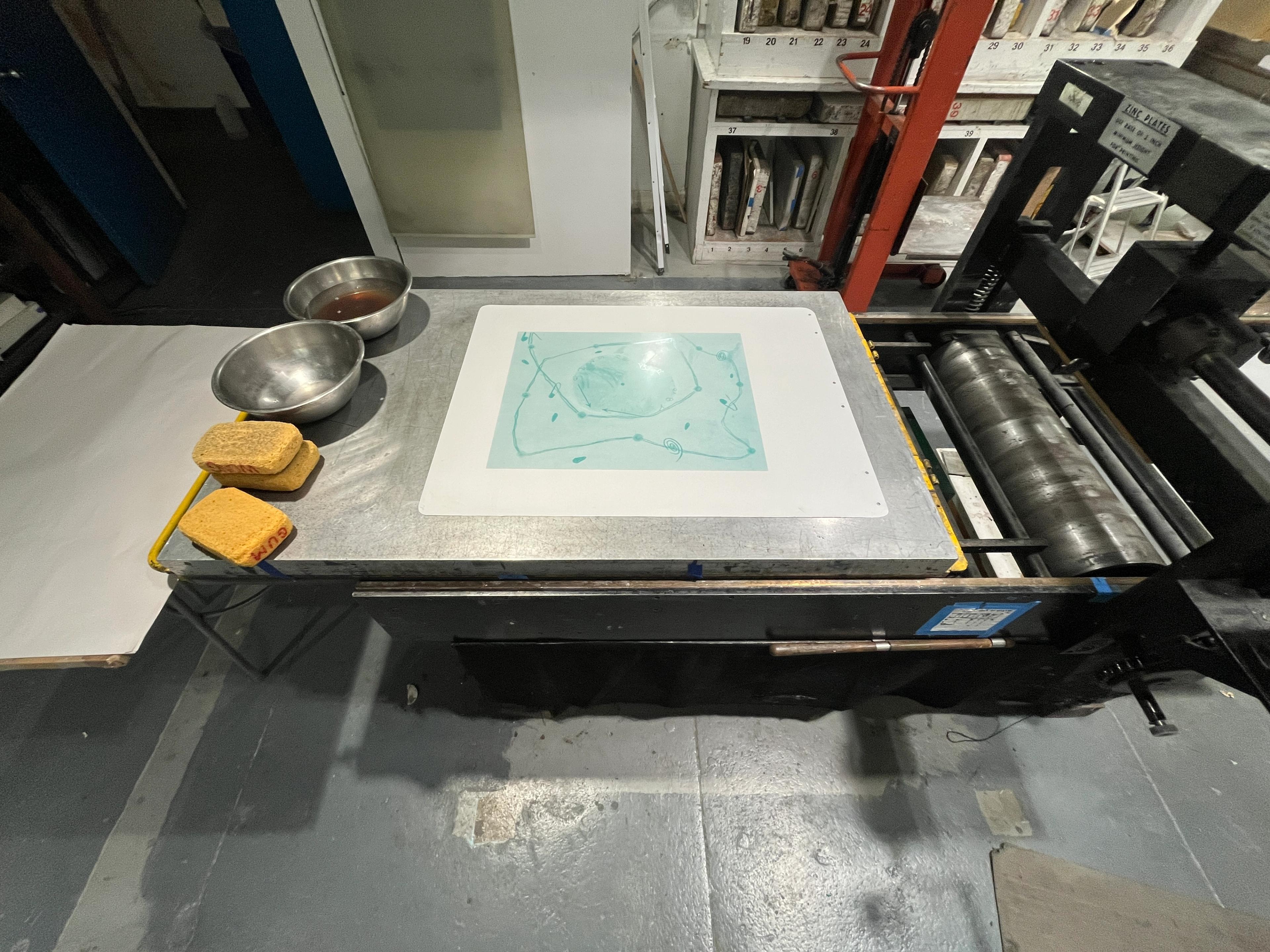 an aluminum plate on a lithographic press