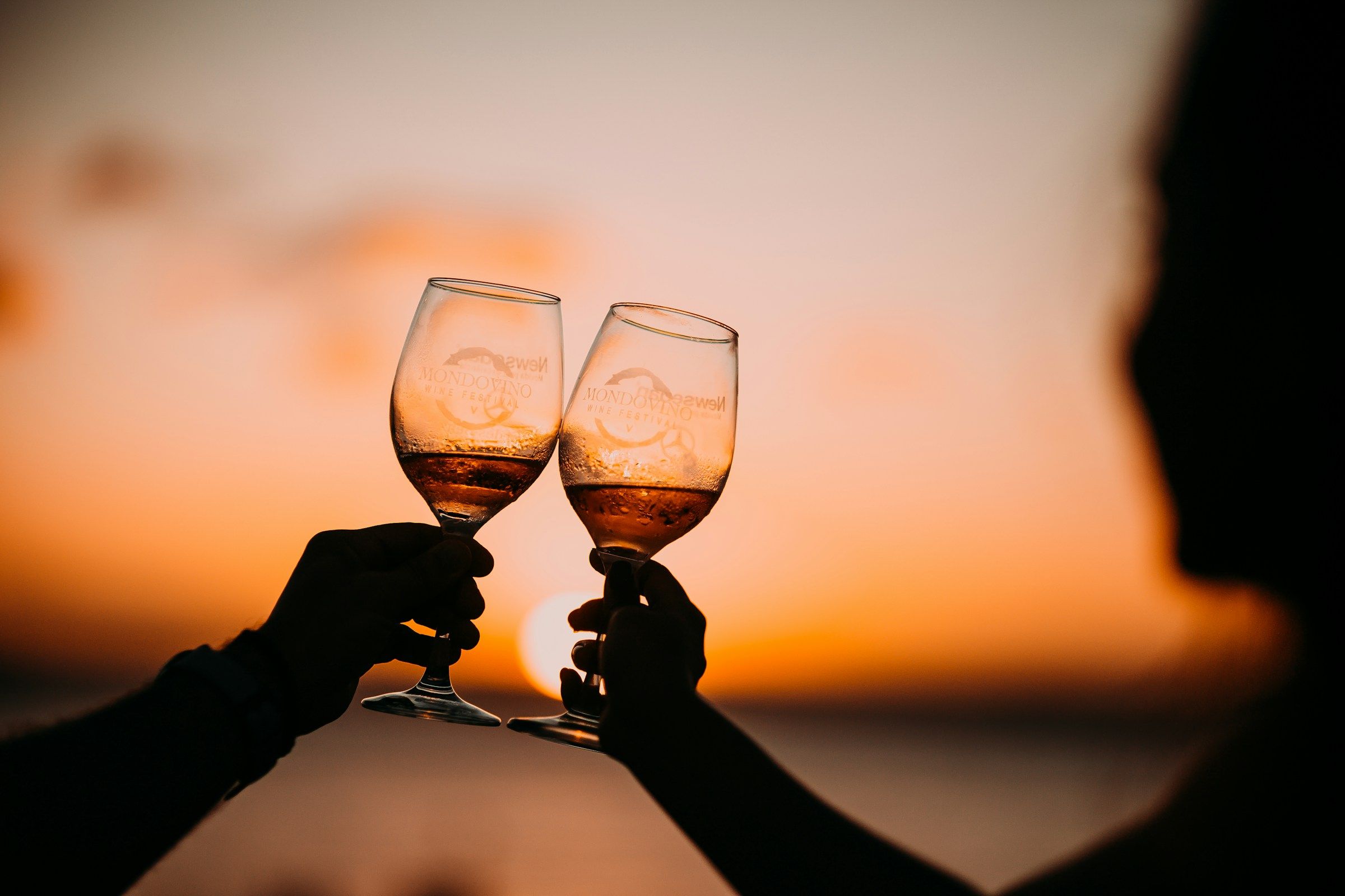 Two people raising glasses at sunset