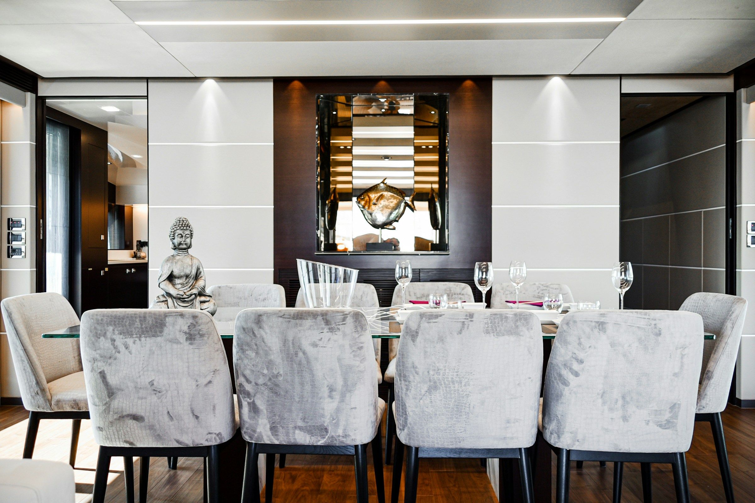 A dining table set for dinner