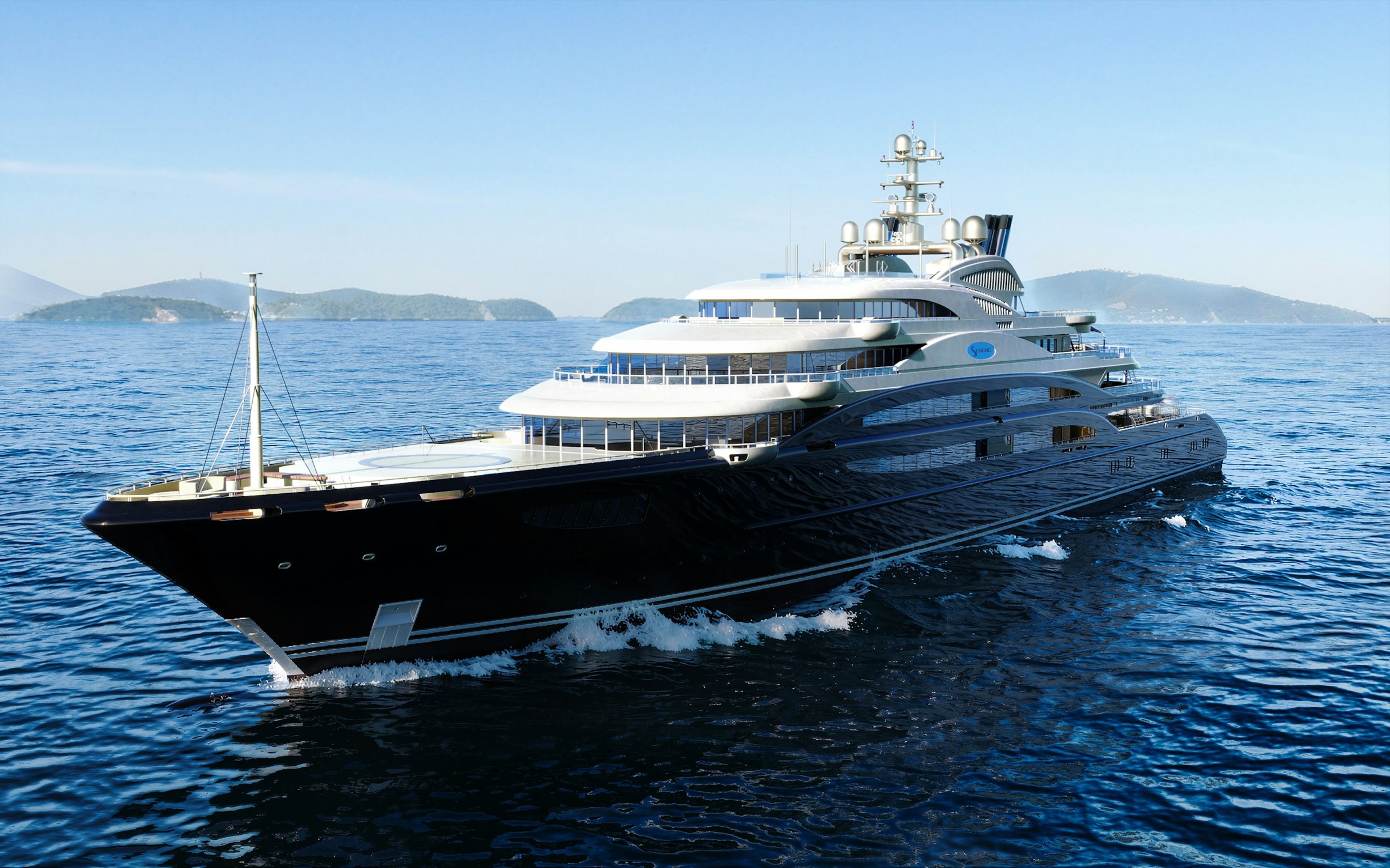 A dark-hulled superyacht cruising past islands