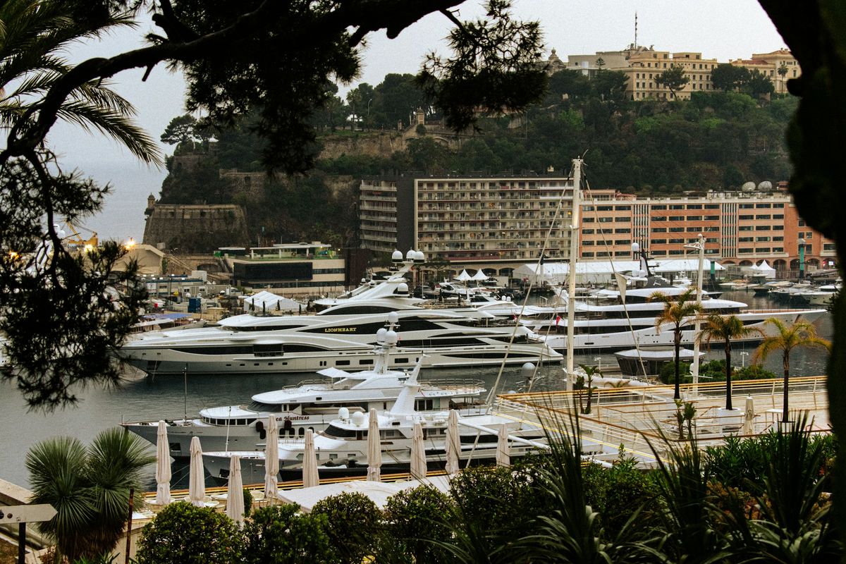 A marina filled with white yachts