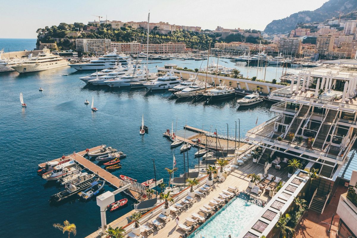 Aerial view of yachts moored along a marina