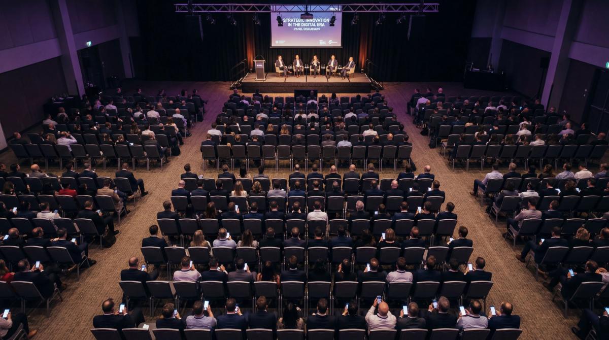 Overhead view of a conference audience with half the room disengaged and looking at phones during a panel