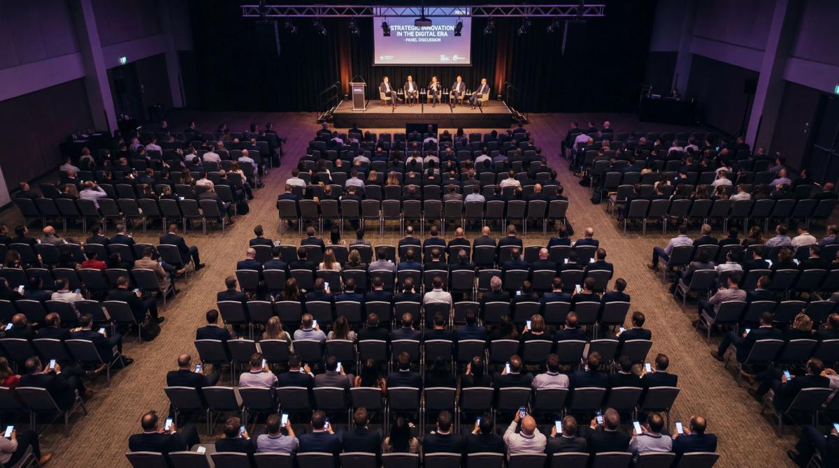 Overhead view of a conference audience with half the room disengaged and looking at phones during a panel