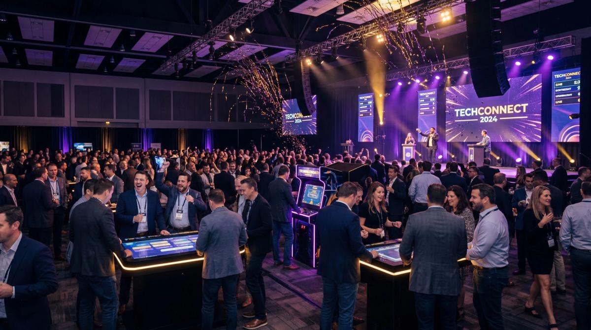 Vibrant corporate event with guests actively engaged in interactive entertainment activities