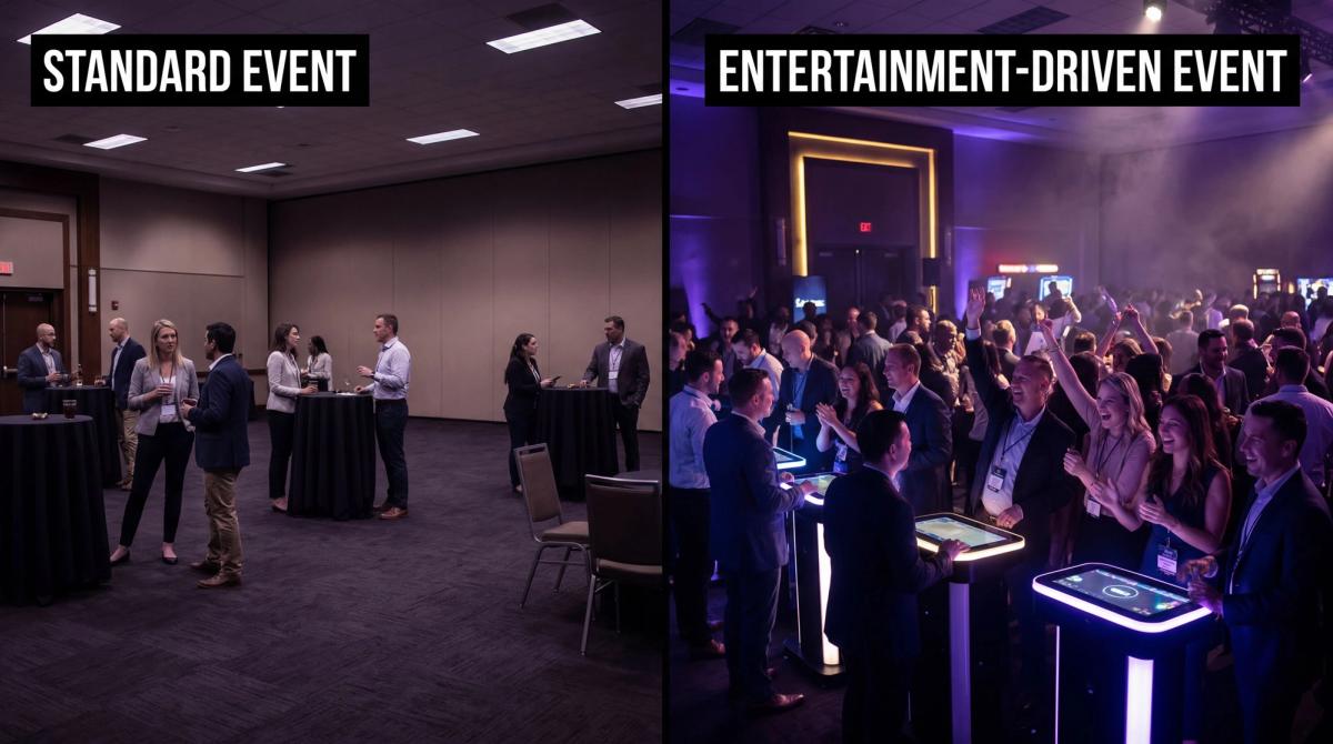 Side-by-side comparison of an empty corporate networking event versus a high-energy interactive entertainment moment