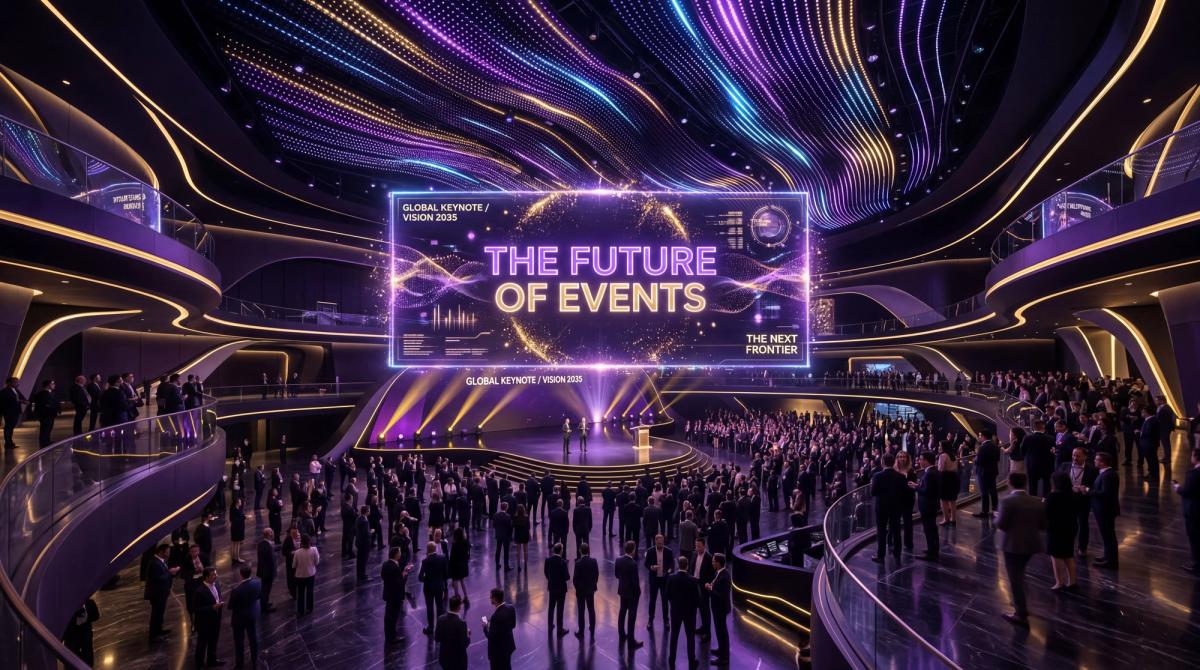 Futuristic corporate event venue with holographic displays and AI-driven lighting in purple and gold tones