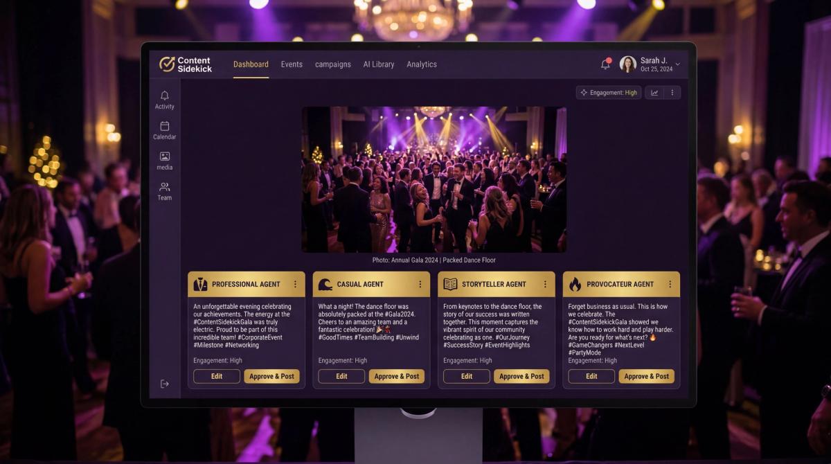 Content Sidekick dashboard displaying four AI agent outputs generating different captions from one event photo