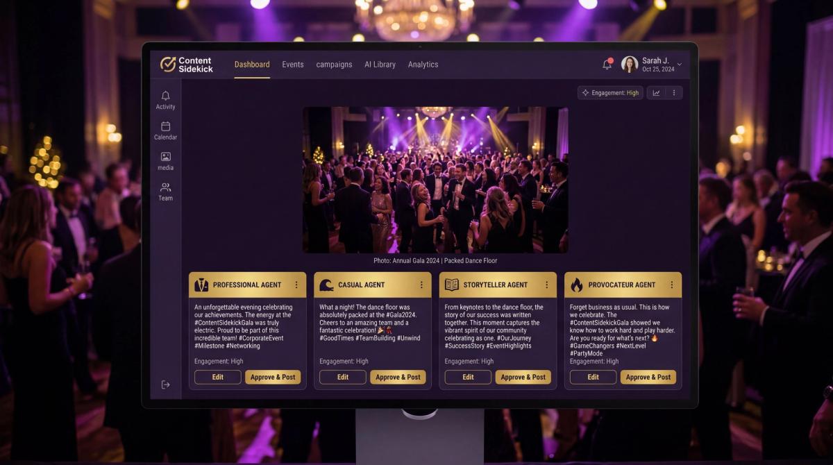 Content Sidekick dashboard displaying four AI agent outputs generating different captions from one event photo