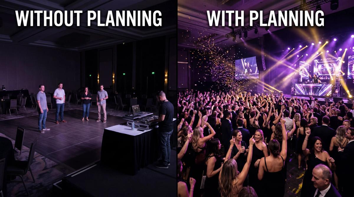 Sparse awkward dance floor compared to a packed energized corporate event with professional entertainment