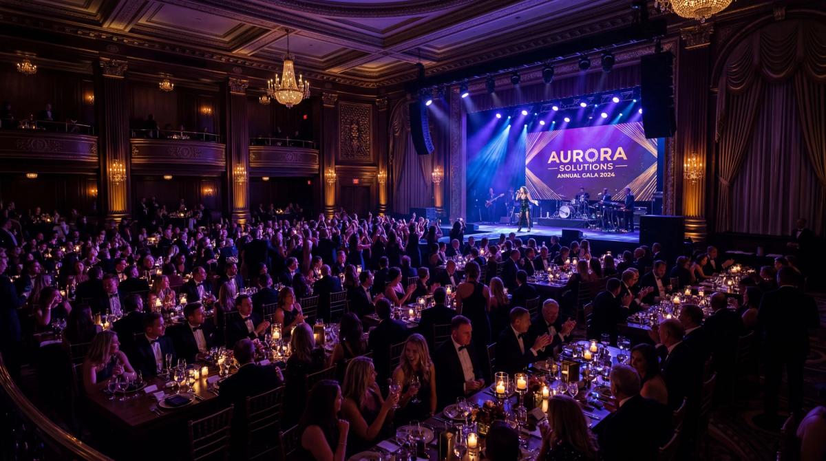 Wide shot of a packed corporate gala ballroom at night, stage lit with cool blue and purple lighting, crowd engaged with performer