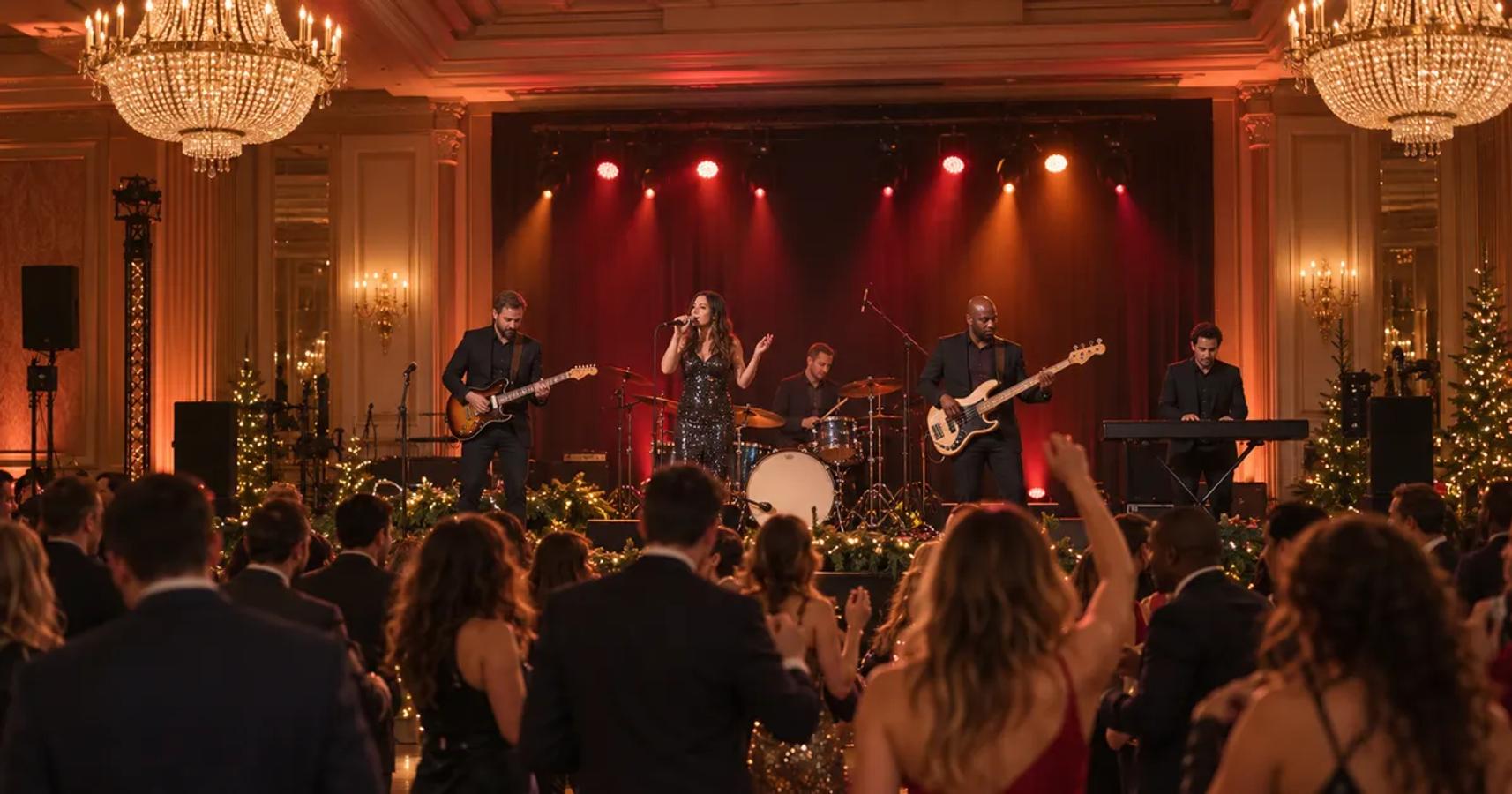 Coworkers dance in front of a live band on a riser at a holiday party in a Toronto hotel ballroom with warm lights
