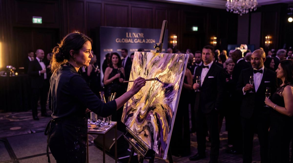 Close-up of a live painter creating art at a corporate gala, dramatic side lighting, guests watching in the background