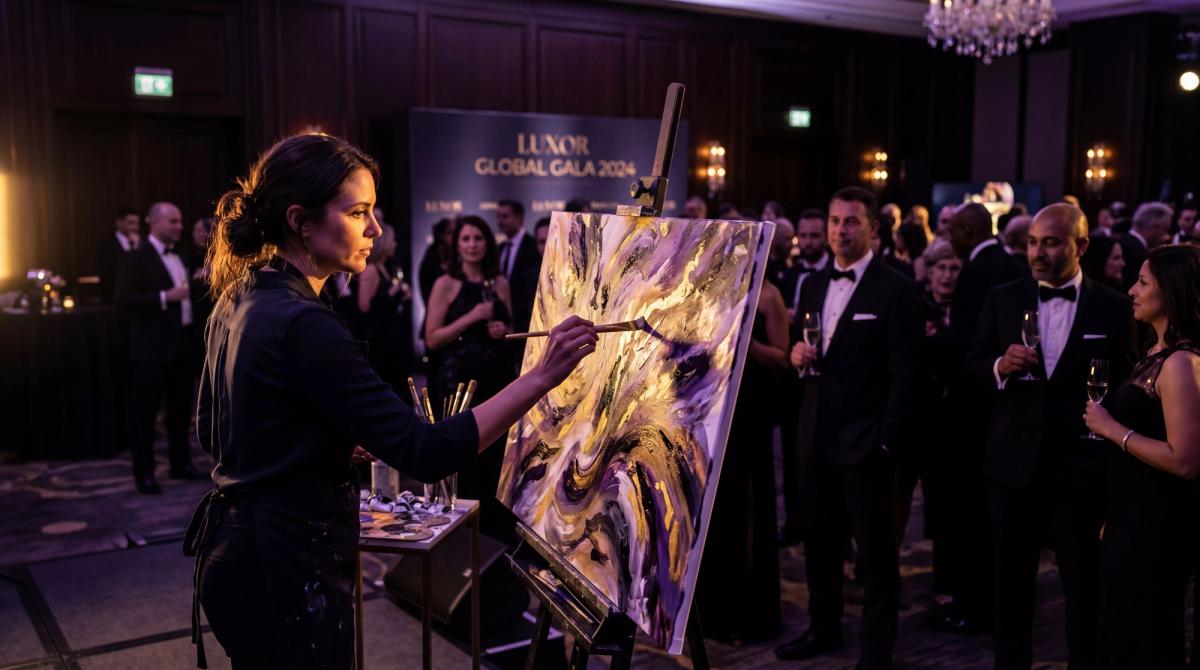 Close-up of a live painter creating art at a corporate gala, dramatic side lighting, guests watching in the background