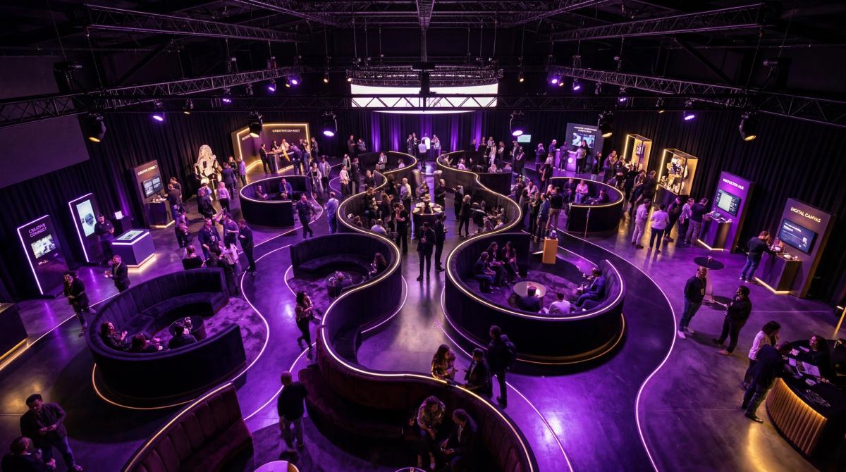 Overhead shot of an event space with unconventional curved seating and immersive lighting zones