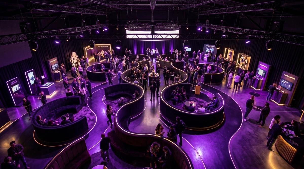 Overhead shot of an event space with unconventional curved seating and immersive lighting zones