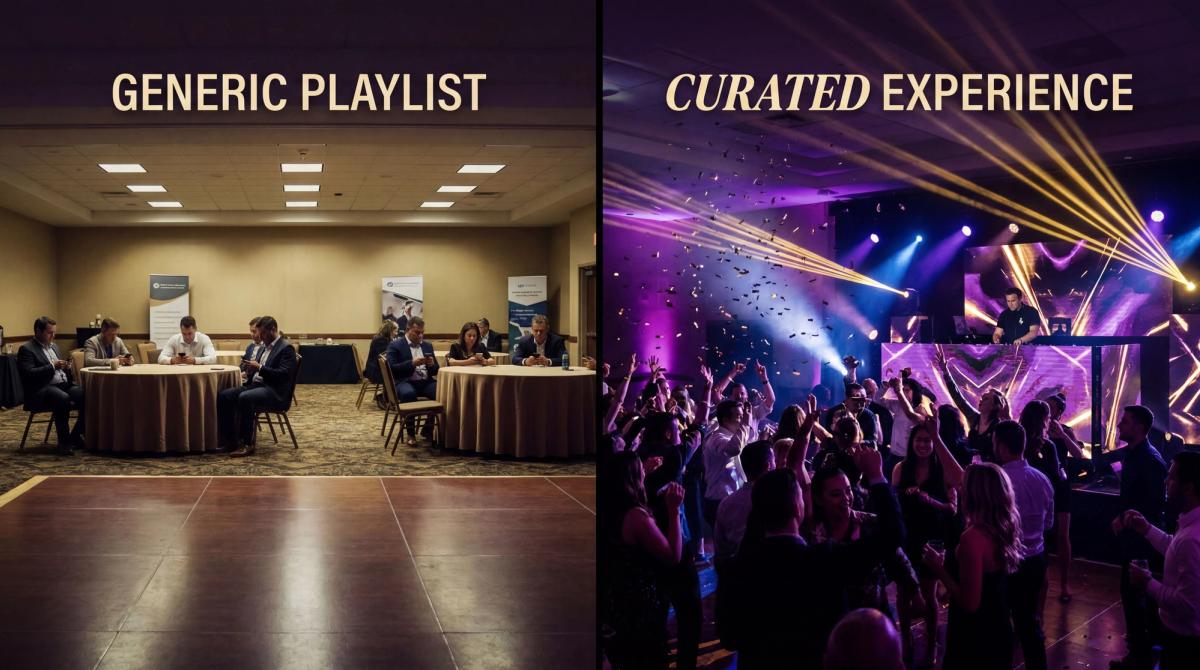 Bored corporate crowd with generic lighting compared to an energized dance floor with professional DJ