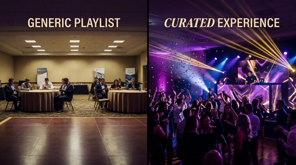 Bored corporate crowd with generic lighting compared to an energized dance floor with professional DJ