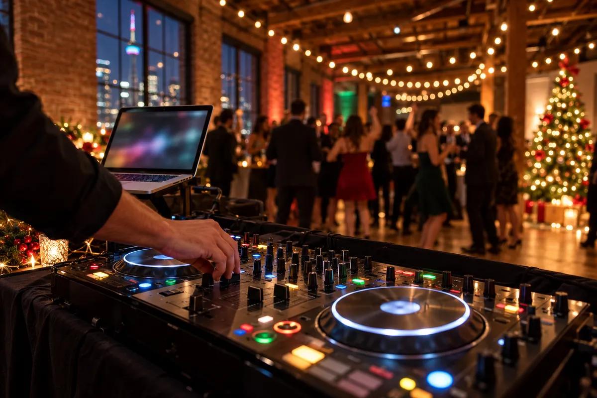A DJ controller and laptop on a draped table beside a dance floor at an office holiday party in a brick loft