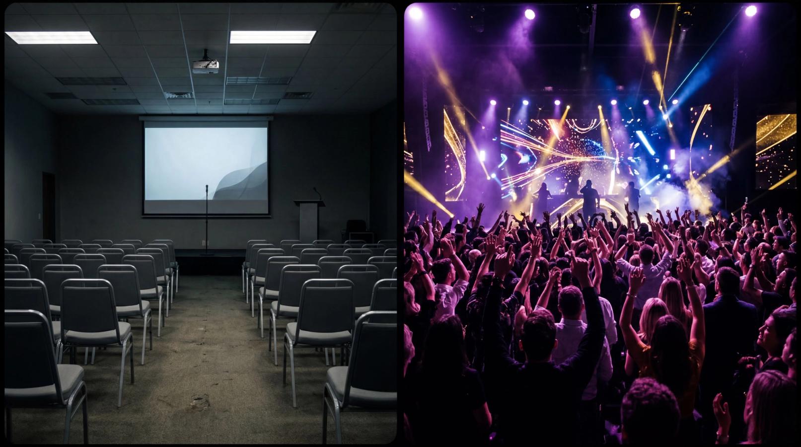 Corporate event attendees disengaged during a traditional panel discussion with phones out