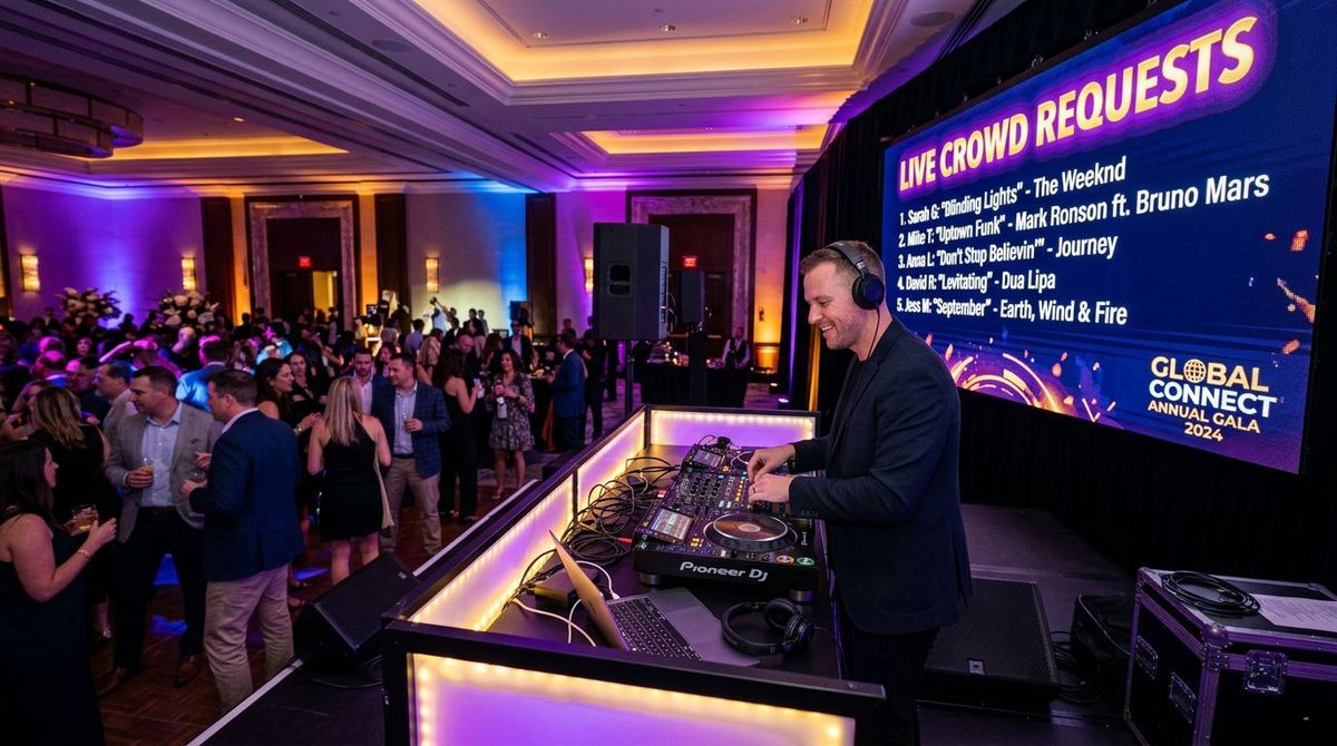 DJ booth with purple and gold lighting at a corporate event with live song request screen